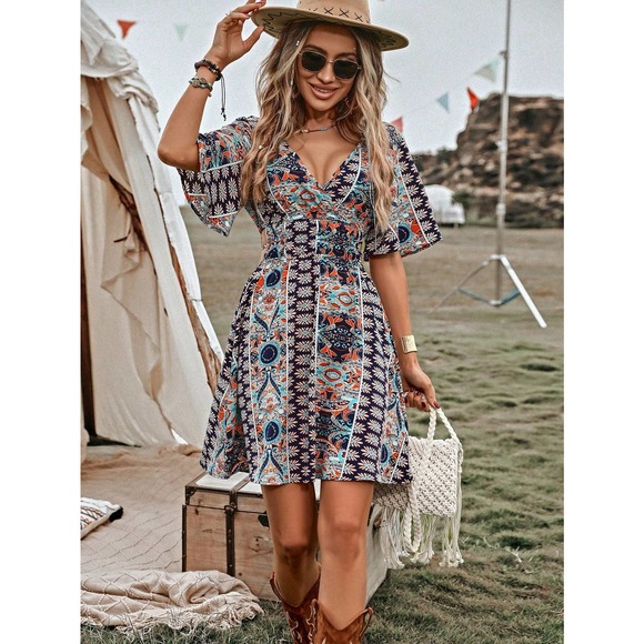paisley boho Print Butterfly Sleeve Belted mini Dress - Picture 1 of 6